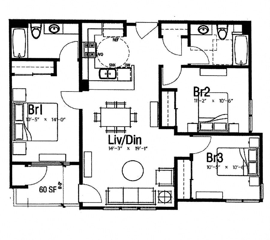 Three bedroom floor plan